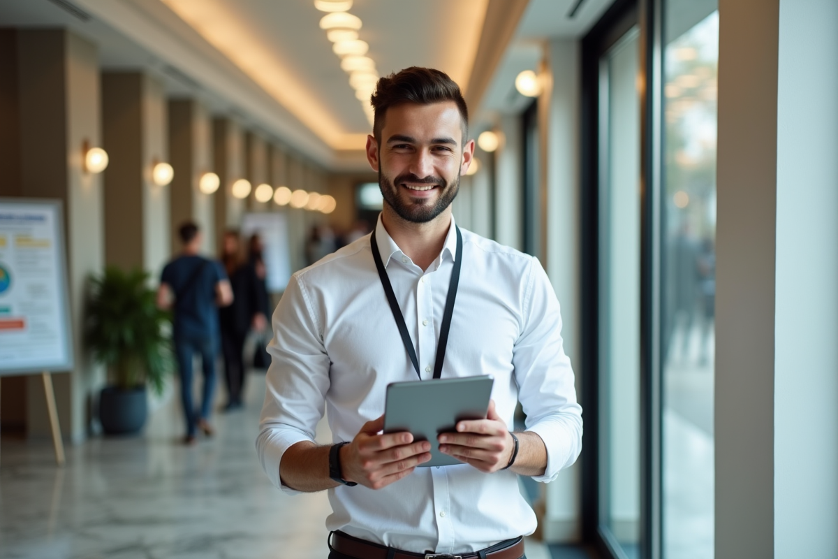Homme avec tablette dans un hall de bureau administratif