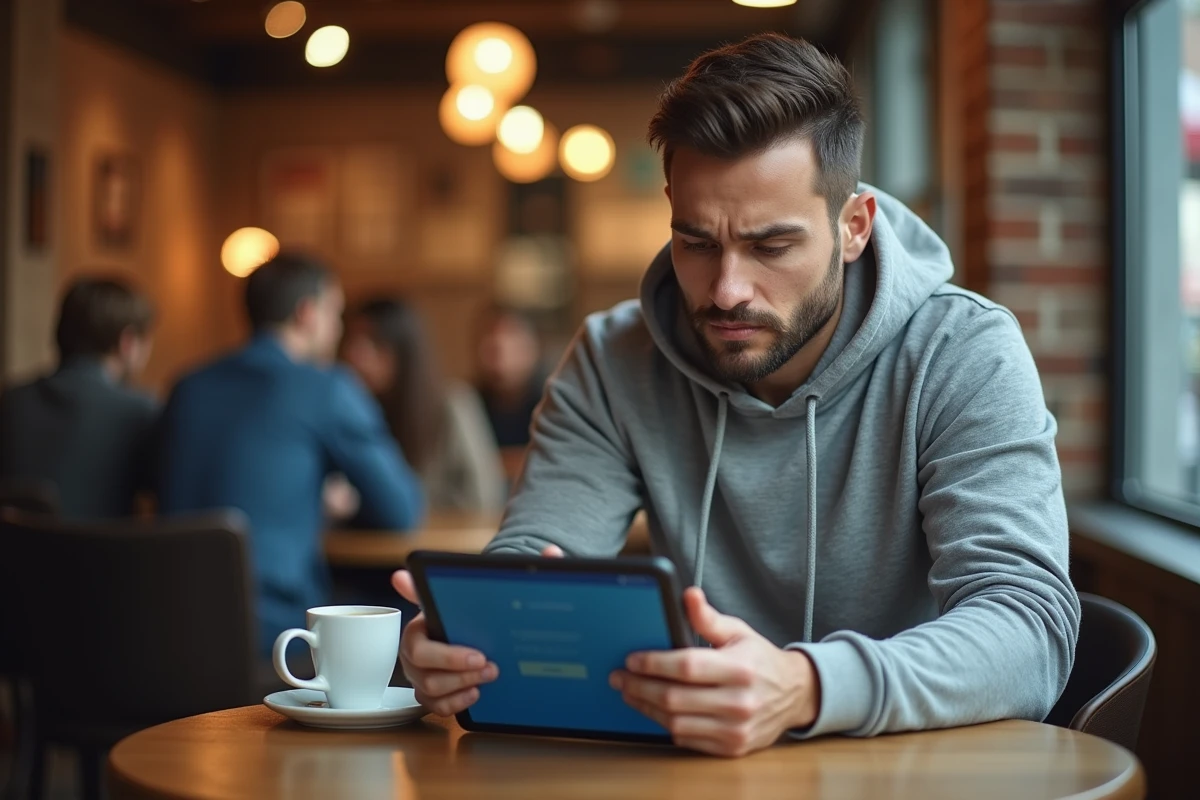 Homme consultant un portail d'inscription candidat sur tablette dans un café urbain