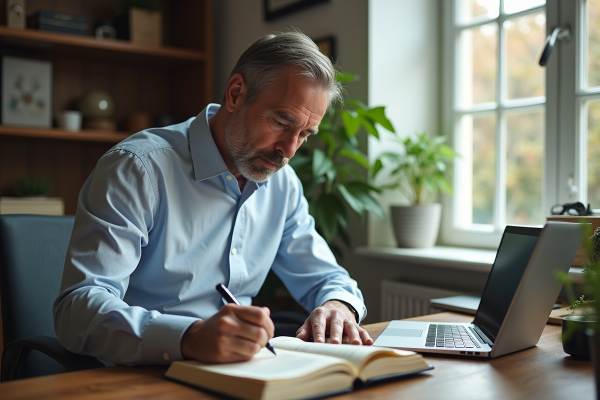 Homme lisant un livre avec chronomètre dans un bureau