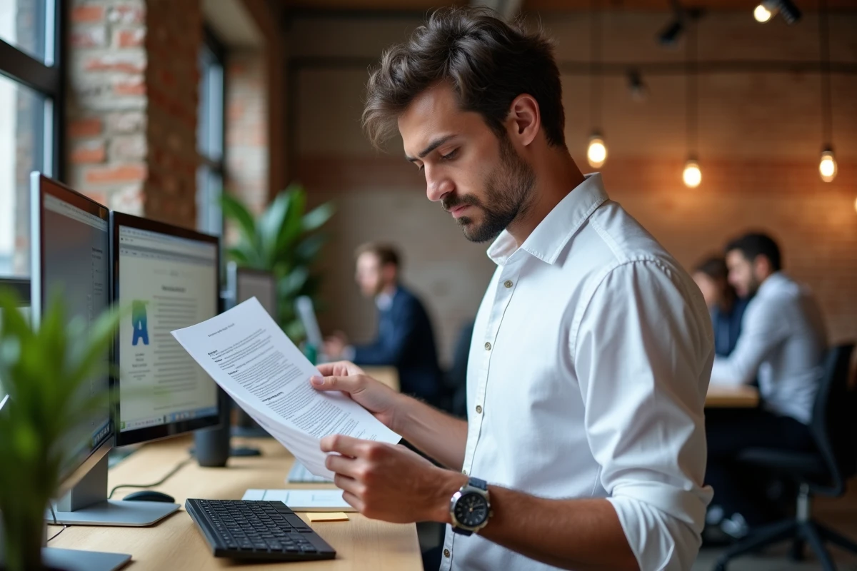 Jeune homme debout dans un open-space startup relisant sa lettre de motivation pour postuler à une alternance de développeur web