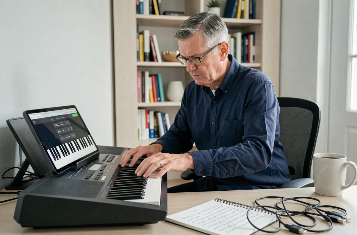 Homme d'âge mûr s'exerçant sur un piano numérique avec une application piano gratuite sur tablette