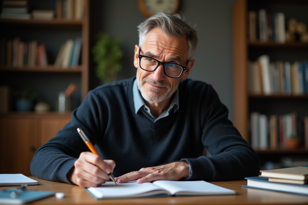 Homme concentré écrivant dans son bureau à domicile