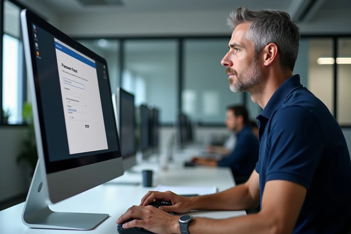 Homme en bureau professionnel réinitialisant son mot de passe sur un formulaire en ligne de plateforme numérique scolaire