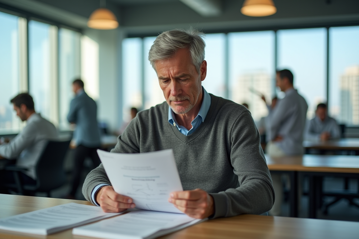 Homme lisant un manuel dans une salle de pause lumineuse