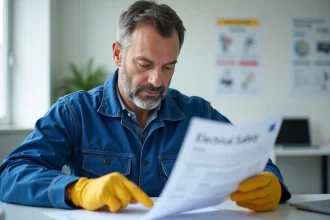 Homme en overalls bleus lit un manuel de securite electrique