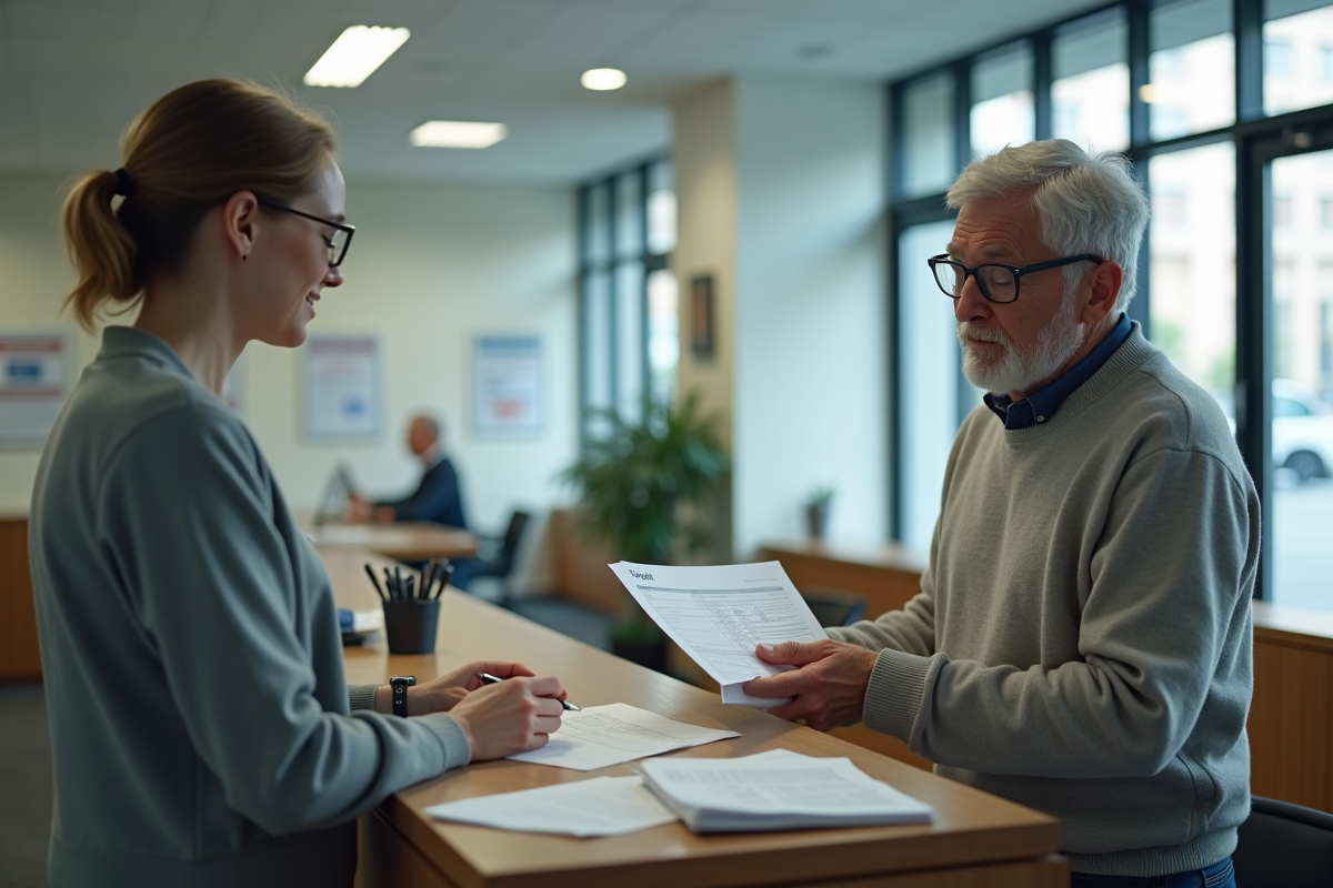 Homme remettant des papiers à un agent dans un centre d