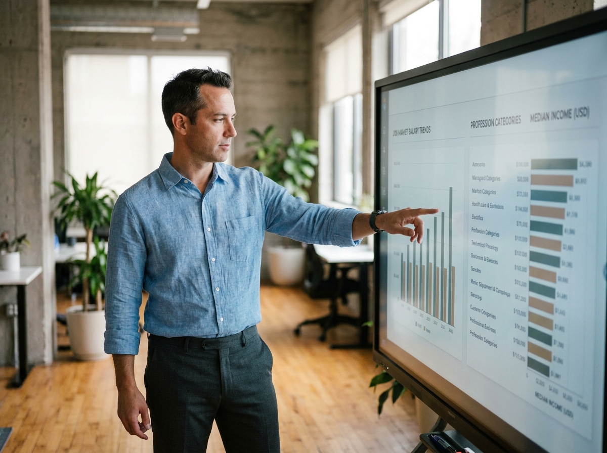 Homme présentant un tableau de bord interactif des salaires par métier dans un espace de coworking
