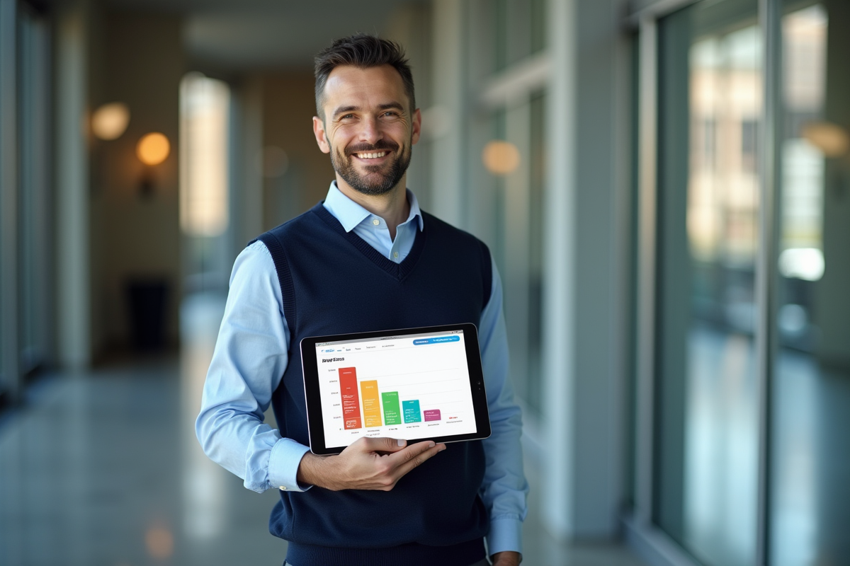 Homme tenant une tablette avec graphique fintech dans un lobby moderne