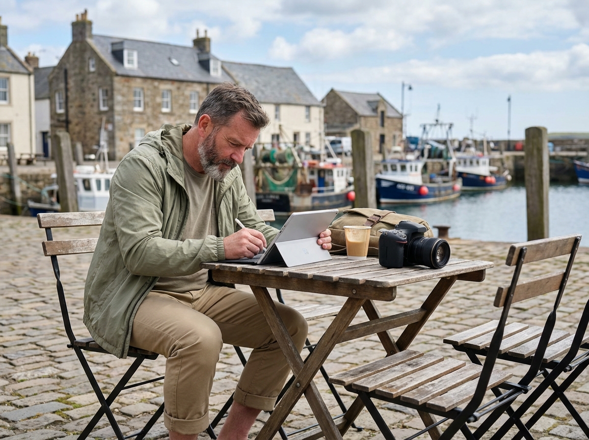Homme travaillant sur tablette au caf&eacute; face au port de Vannes