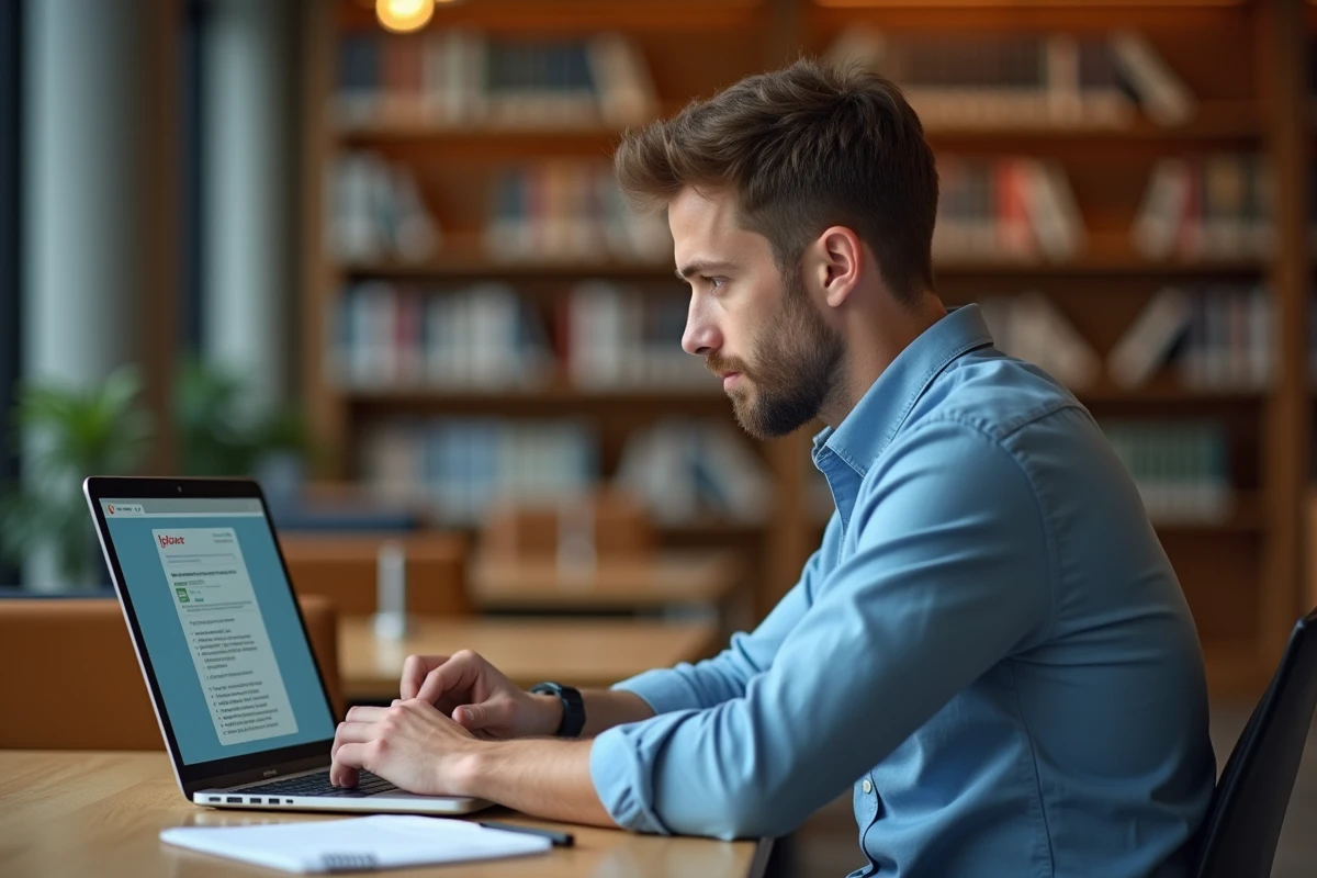 Homme passant un test de QI en ligne sur un ordinateur portable dans une bibliothèque moderne