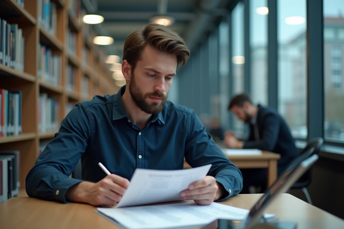 Homme réfléchissant dans une bibliothèque publique en train d'évaluer un test de QI imprimé et une version numérique sur tablette