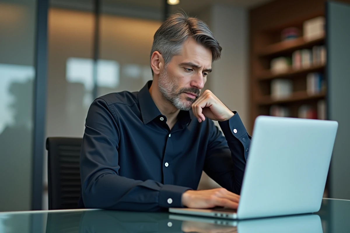 Homme d'âge mûr passant un test de QI en ligne sur ordinateur portable dans un bureau professionnel