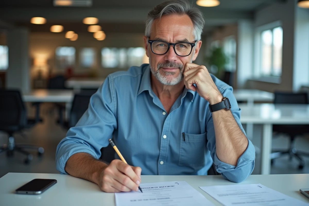 Homme d'âge mûr réfléchissant aux questions d'un test de QI imprimé dans un espace de coworking