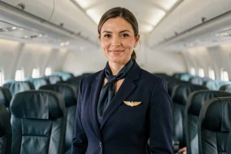 Hôtesse de l'air expérimentée en uniforme bleu marine dans la cabine d'un avion, illustrant l'évolution de carrière et le salaire selon l'ancienneté