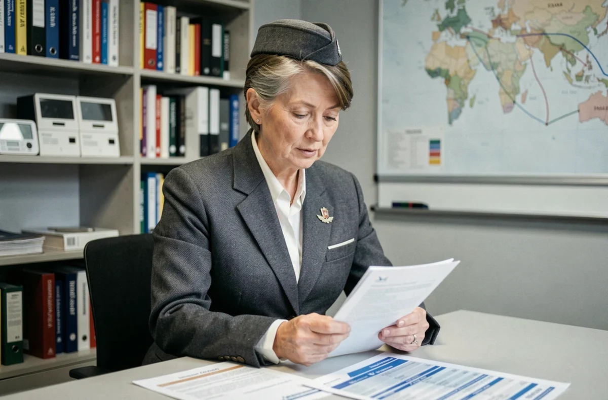 Hôtesse de l'air senior consultant des documents dans une salle de briefing compagnie aérienne, représentant l'ancienneté et la progression salariale dans le métier