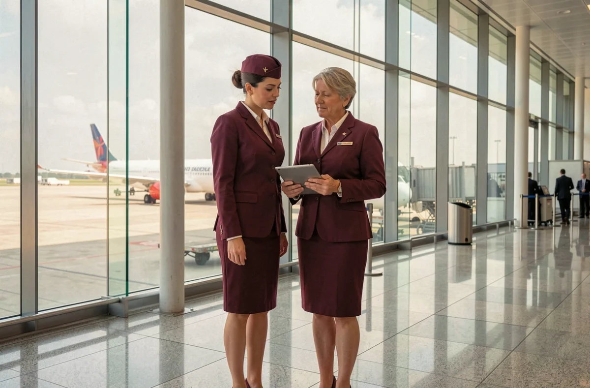 Deux hôtesses de l'air de générations différentes dans un terminal aéroport, symbolisant la progression salariale et l'évolution de carrière dans l'aviation
