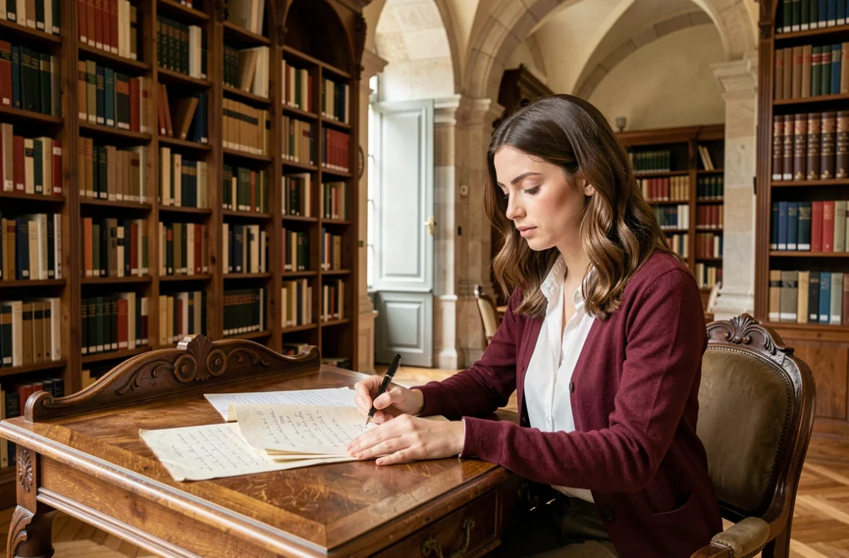 Étudiante étrangère travaillant ses notes de grammaire française à l'ILCF Lyon dans une salle historique