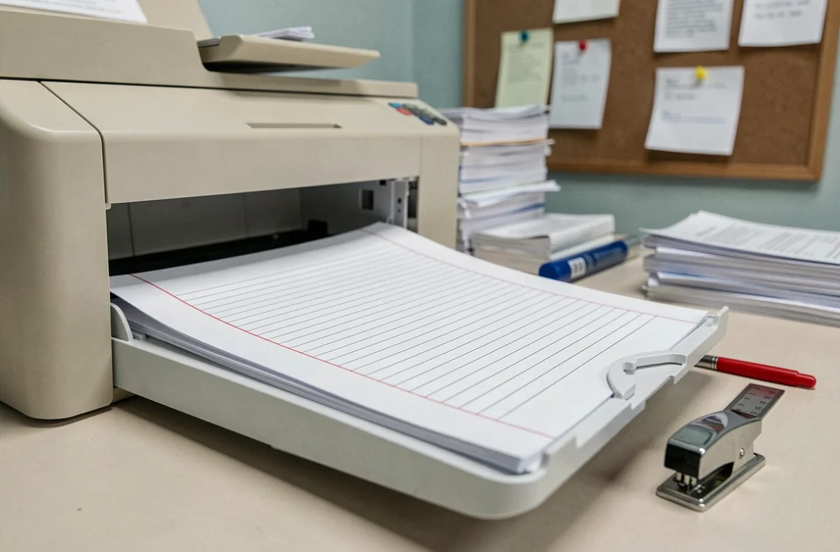Feuille séyès PDF avec marge rouge imprimée sortant d'une imprimante de bureau, préparée par un enseignant pour la dictée