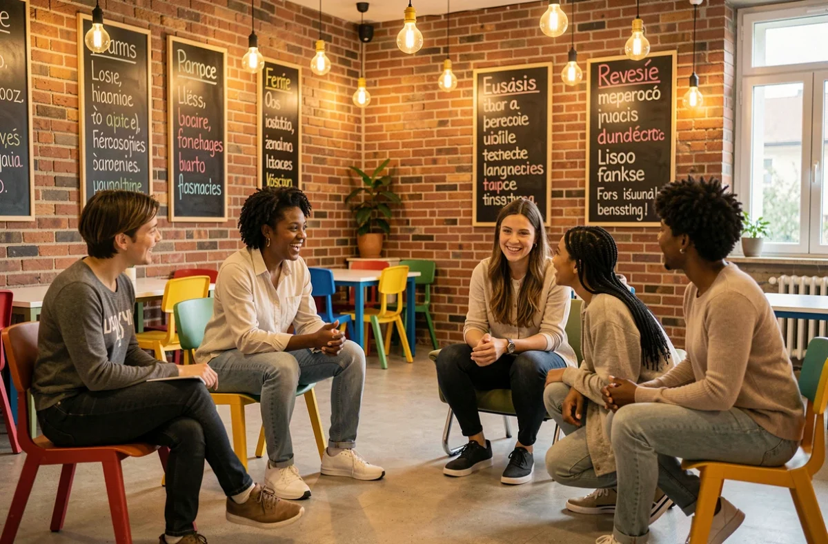 Cours de conversation française en petits groupes dans les locaux modernes d'Inflexyon à Lyon