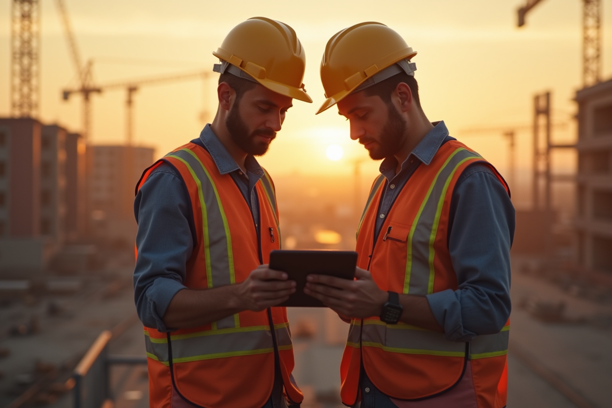 Deux ingénieurs collaborant sur une tablette sur un chantier