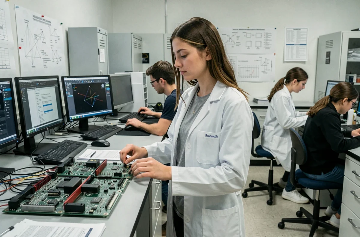 Étudiante en alternance de l'IUT de Nantes travaillant sur des circuits électroniques dans un laboratoire universitaire