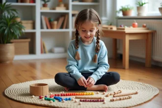 Jeune fille utilisant des perles de multiplication Montessori sur un tapis en fibre naturelle à la maison