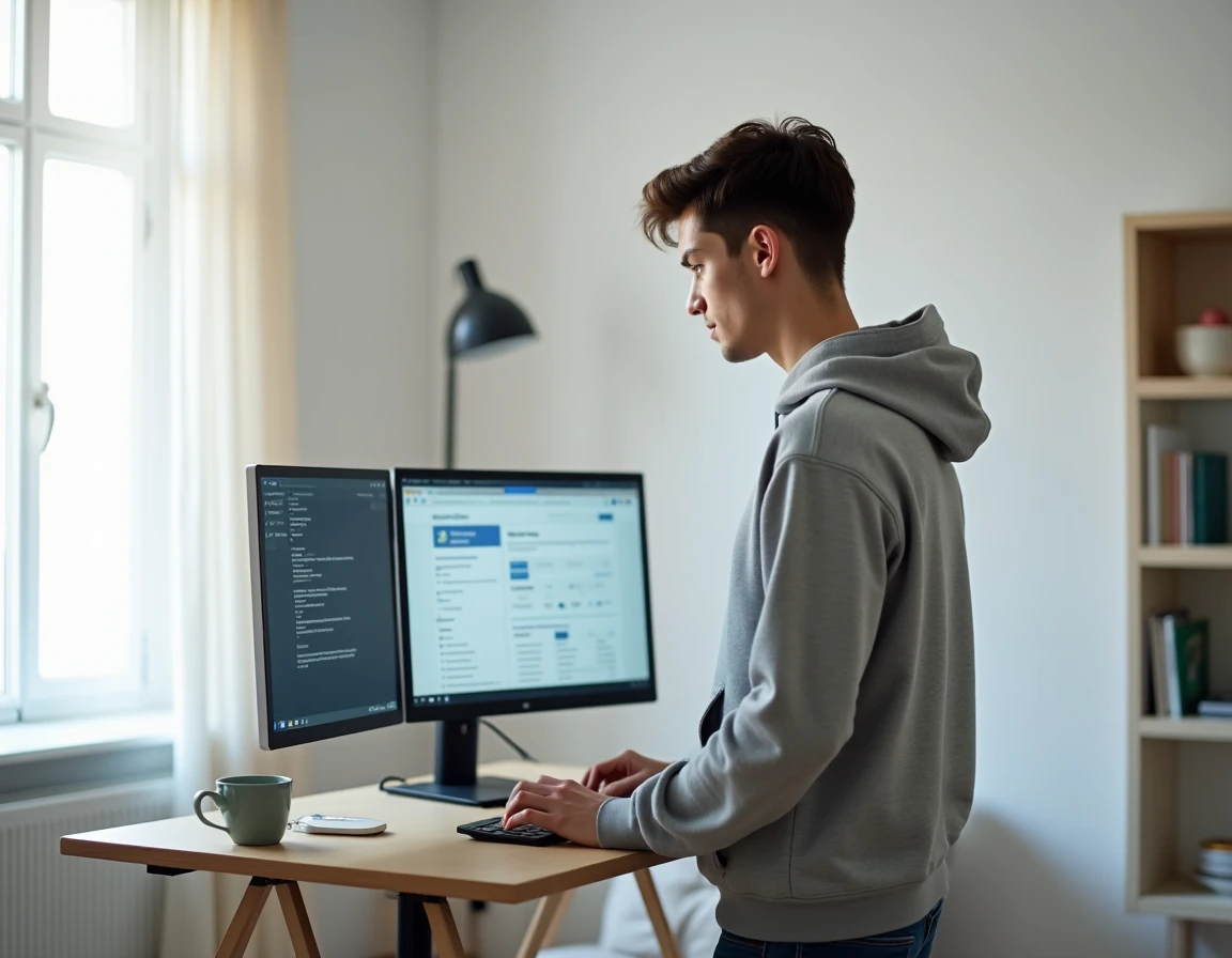 Jeune adulte consultant le site Pôle Emploi sur ordinateur pour construire un CV percutant depuis chez lui