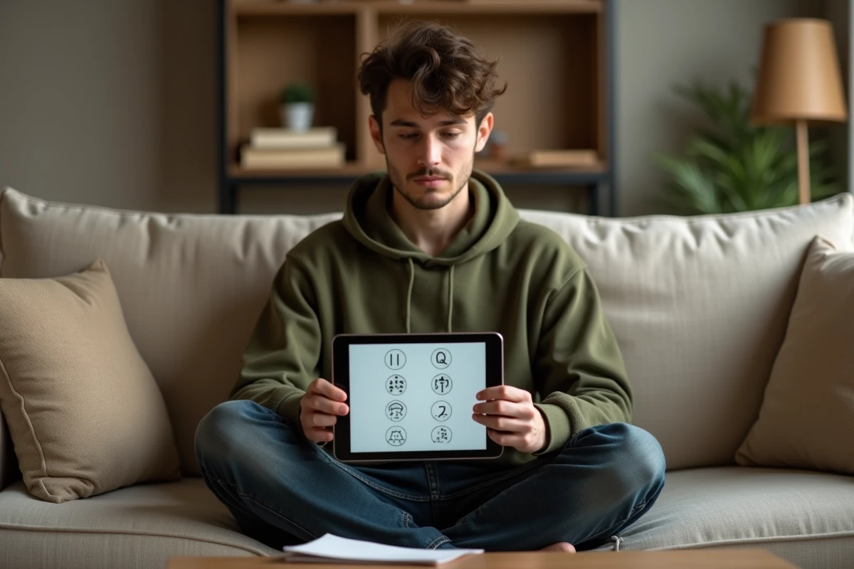 Jeune adulte répondant à un test de QI officiel sur tablette confortablement installé dans un salon