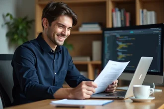 Jeune développeur web révisant sa lettre de motivation et son CV pour une alternance dans un bureau moderne à domicile