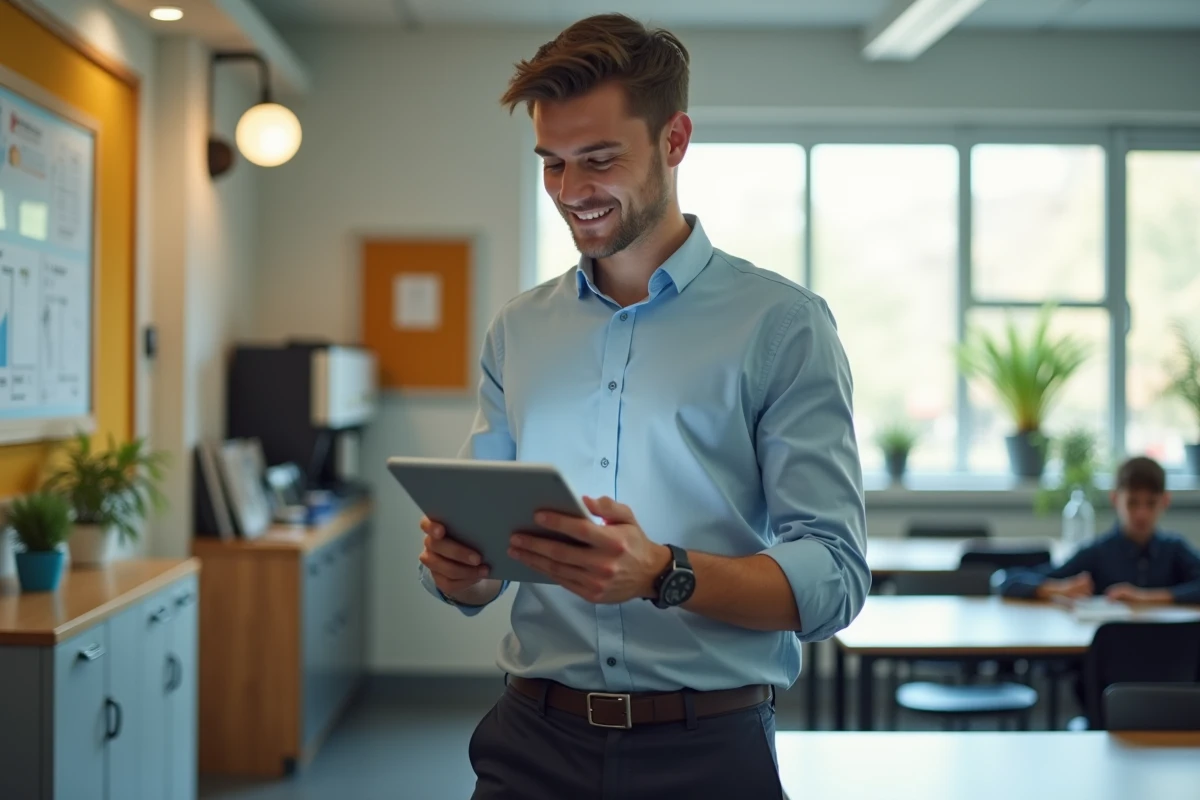 Jeune enseignant v&eacute;rifiant une tablette dans un espace de repos moderne