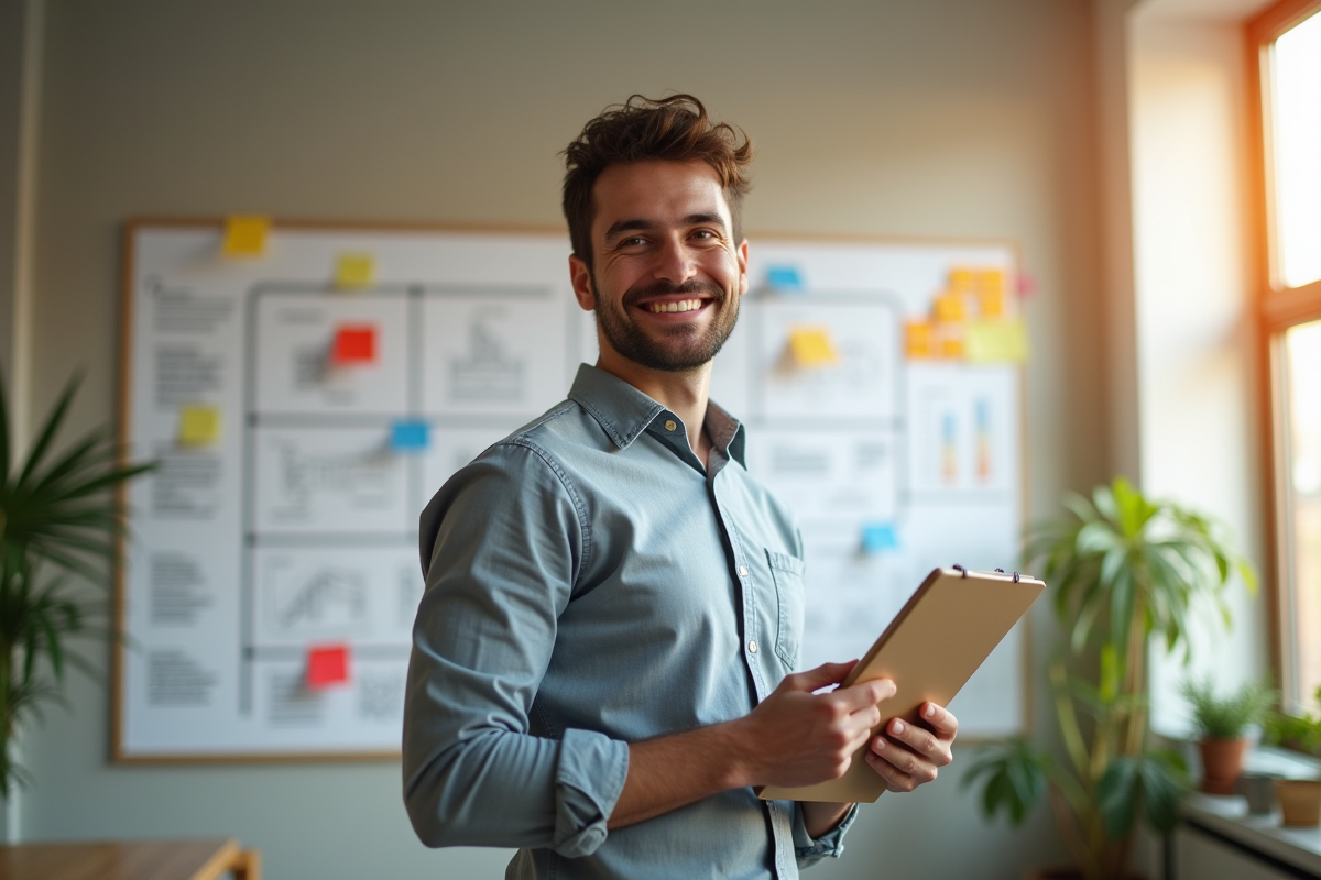Jeune entrepreneur souriant devant un tableau de développement