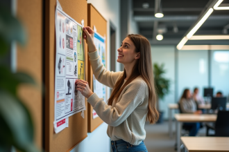 Jeune femme pinçant une affiche de prevention au bureau