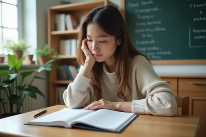 Jeune femme en classe étudiant un livre de français