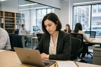 Jeune femme concentrée au bureau avec ordinateur et livres