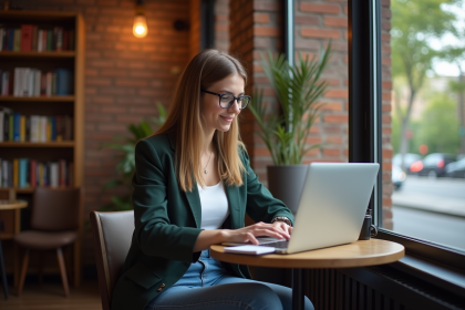 Jeune femme souriante travaillant au café avec ordinateur