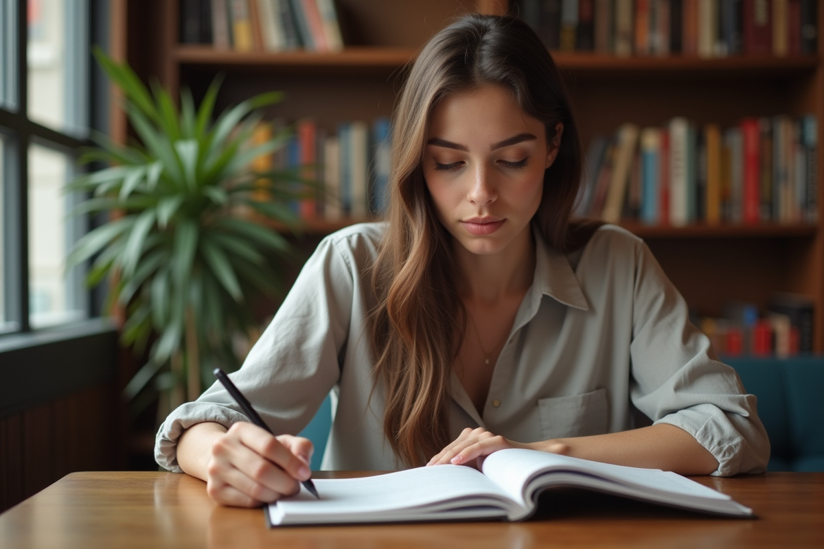 Jeune femme lisant un manuel d'anglais dans un café cosy