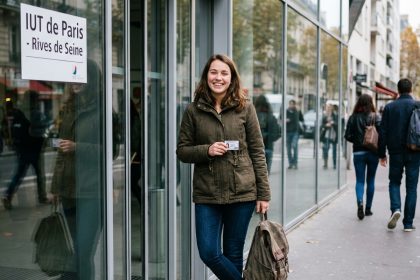 Jeune femme souriante devant un campus parisien
