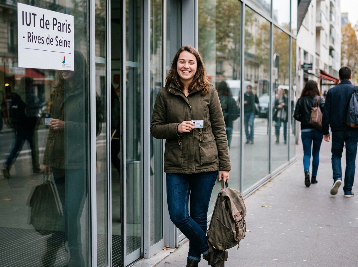 Jeune femme souriante devant un campus parisien