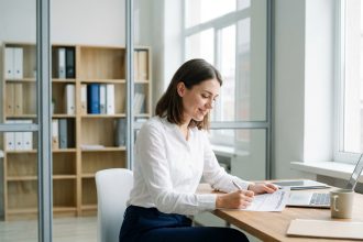 Jeune femme concentrée remplissant un formulaire d'emploi dans un bureau moderne