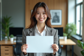 Jeune femme professionnelle souriante avec certificat dans un bureau