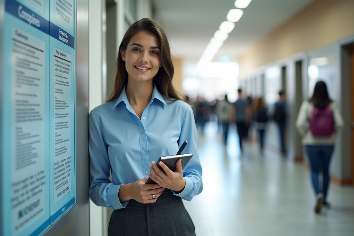 Jeune femme en tenue décontractée dans un hall universitaire