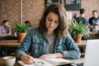 Jeune femme en denim sketchant dans un café cosy
