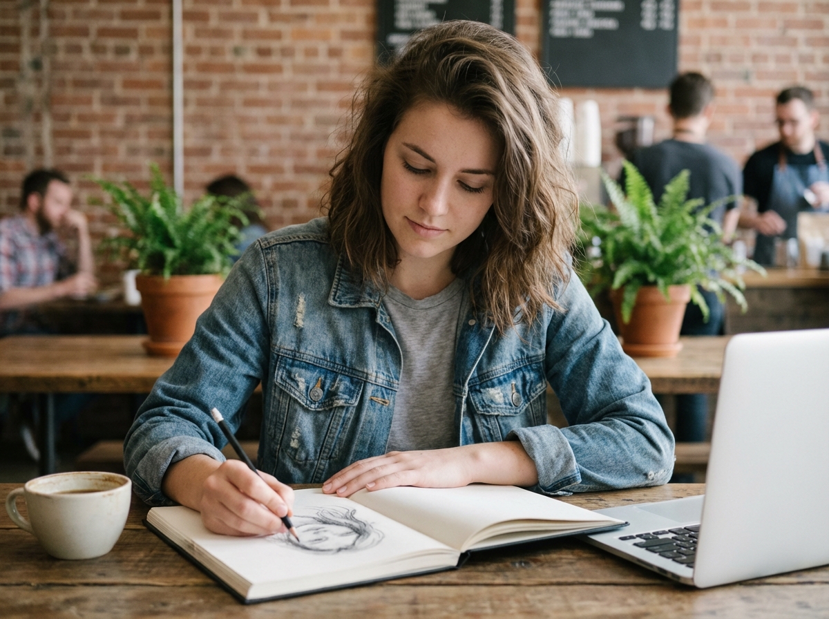 Jeune femme en denim sketchant dans un café cosy