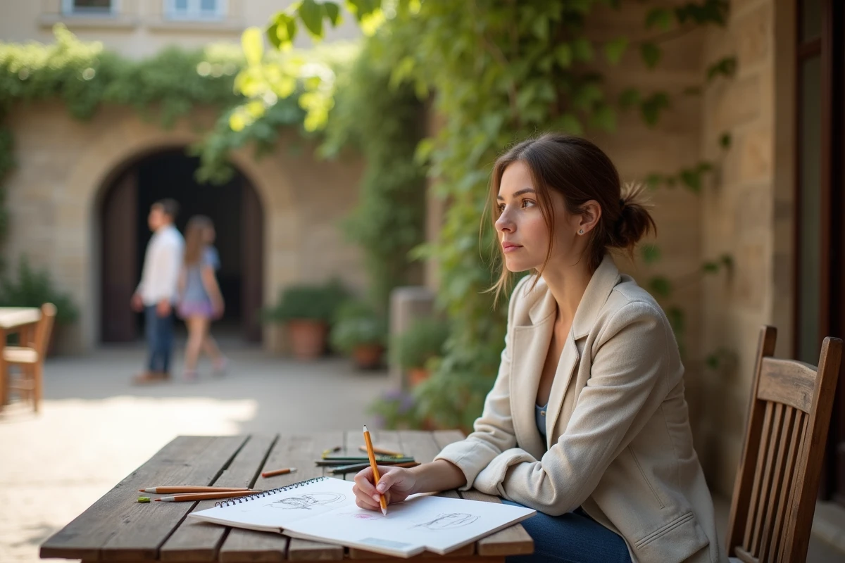 Jeune femme en blazer linen dessinant en extérieur à Paris
