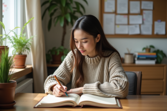 Jeune femme écrivant dans un journal dans une chambre lumineuse