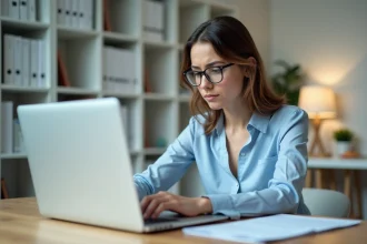 Jeune femme consultant son espace candidat Cuyclade sur un ordinateur portable dans un bureau à domicile