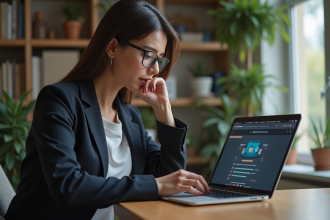 Femme concentrée examinant des icônes fintech sur son ordinateur