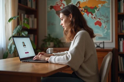 Jeune femme concentrée sur son ordinateur dans un bureau cosy
