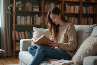 Jeune femme lisant un livre dans un salon cosy