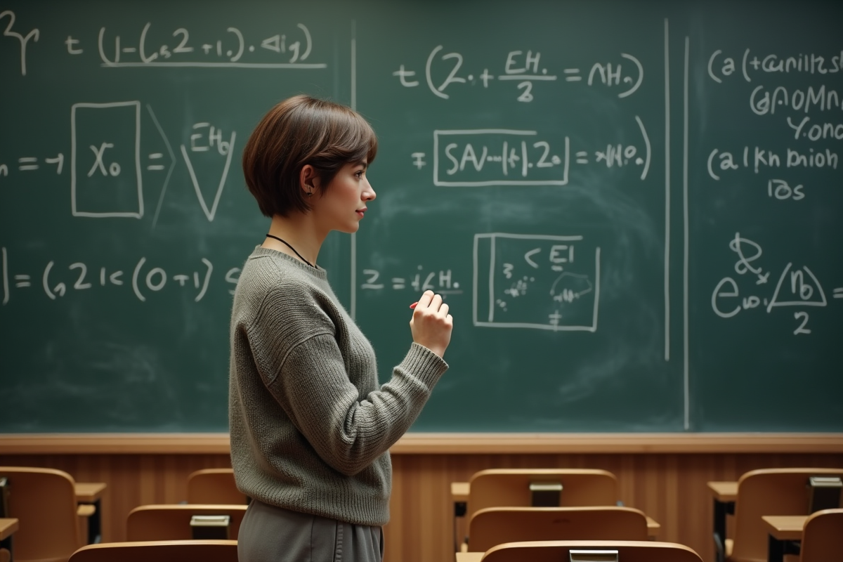 Jeune femme physicienne écrit des équations en classe moderne